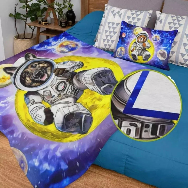 Custom pet blanket for beds featuring a German Shepherd in an astronaut suit, with galaxy designs and matching pillow.