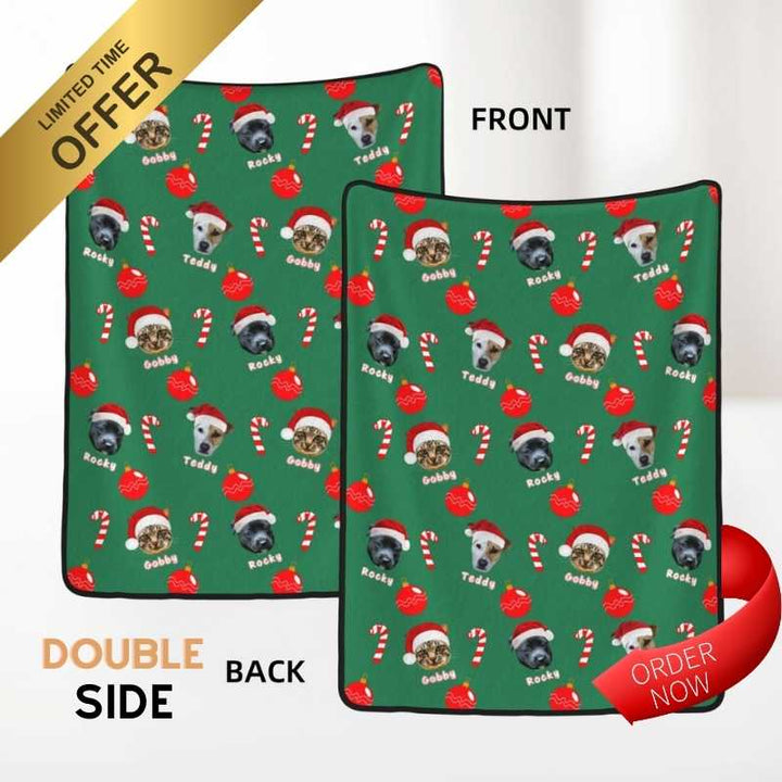 Double-sided Christmas gift blanket with pet photos, festive design, and limited-time offer.