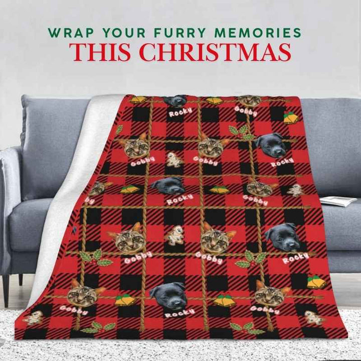 Christmas blanket with dogs and cats on a red plaid design, perfect for festive pet-themed gifts.