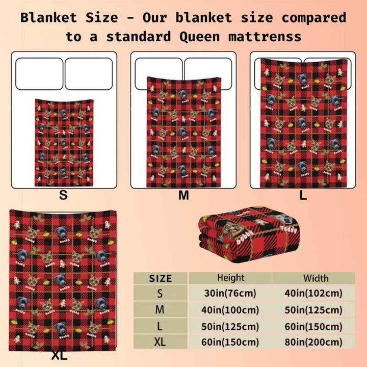 Christmas dog blanket size chart with dimensions for S, M, L, and XL, perfect for personalized holiday gifts.