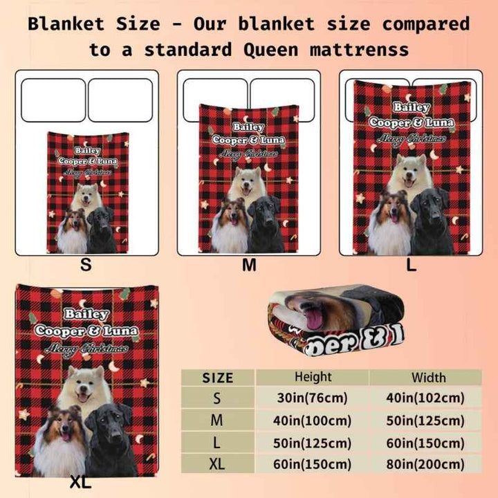 Christmas plaid blanket size chart showing dimensions for S, M, L, and XL