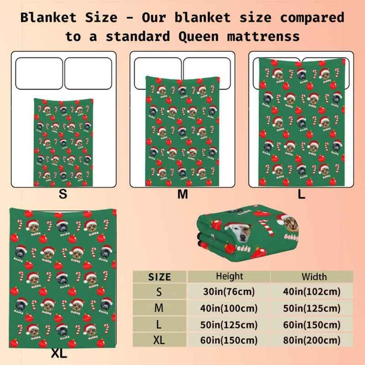 Christmas gift throw size chart with dimensions for S, M, L, and XL, ideal for holiday gifting.