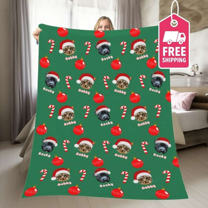 Cozy Christmas blanket with festive pet photos and free shipping, perfect for holiday decor.