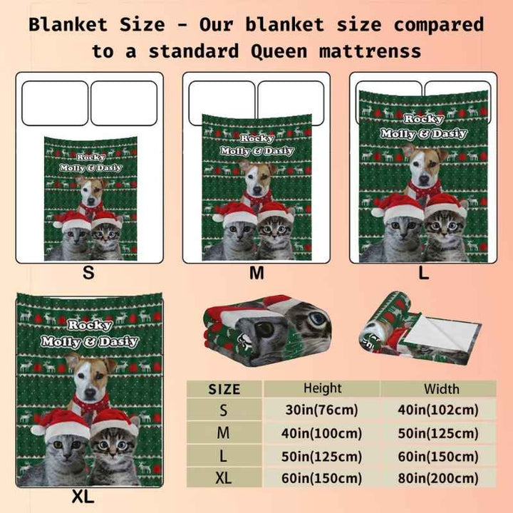 Custom pet blanket size chart with dimensions for S, M, L, and XL, ideal for personalized gifts.