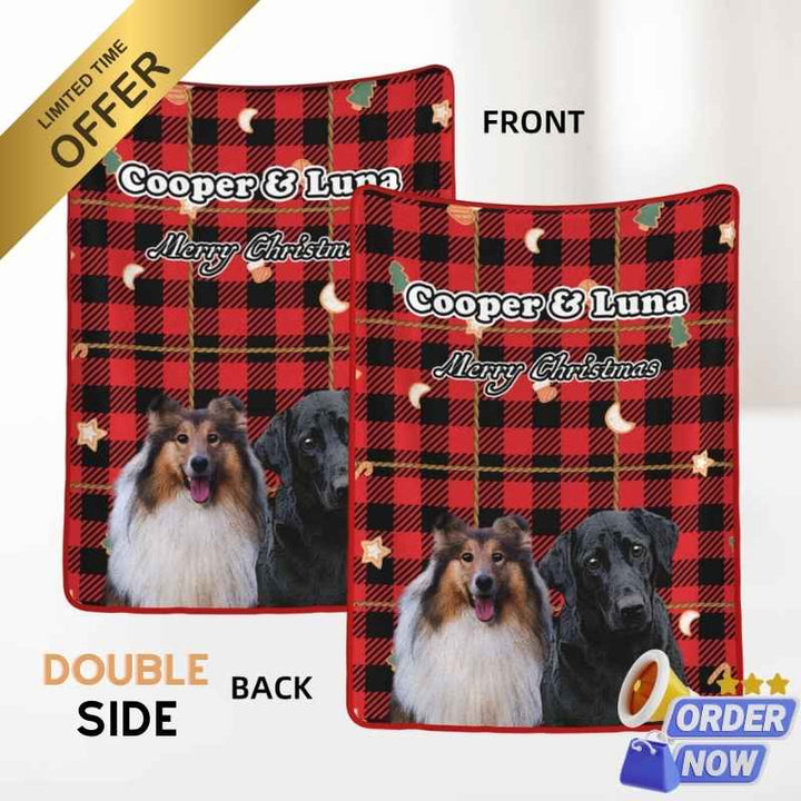 Double-sided custom pet photo blanket with festive plaid design, name and 'Merry Christmas' text, perfect for holiday gifts