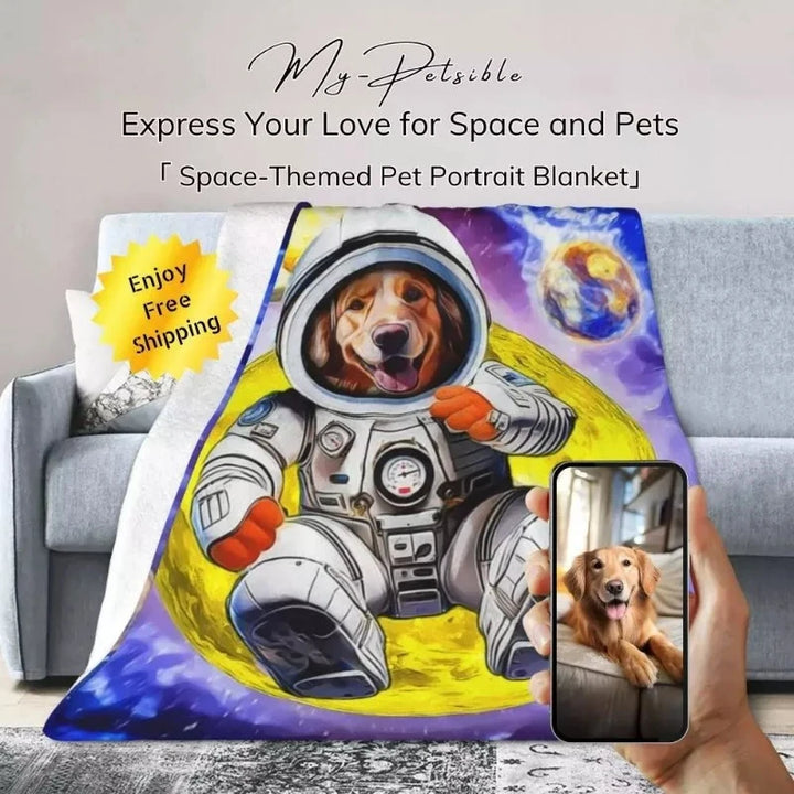 Custom pet blanket with a golden retriever in an astronaut suit, set against a vibrant galaxy background with planets.