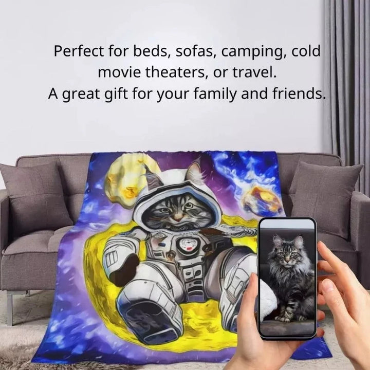 Custom pet blanket featuring a cat in an astronaut suit with a galaxy backdrop, perfect for space and pet lovers.