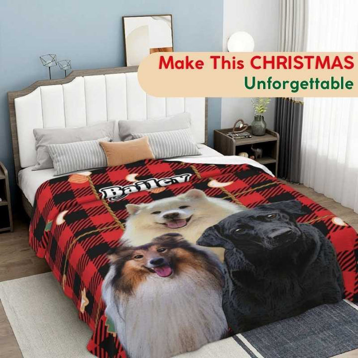 Perfect for Christmas gifts, a plaid blanket with three dogs, name and 'Merry Christmas' text.