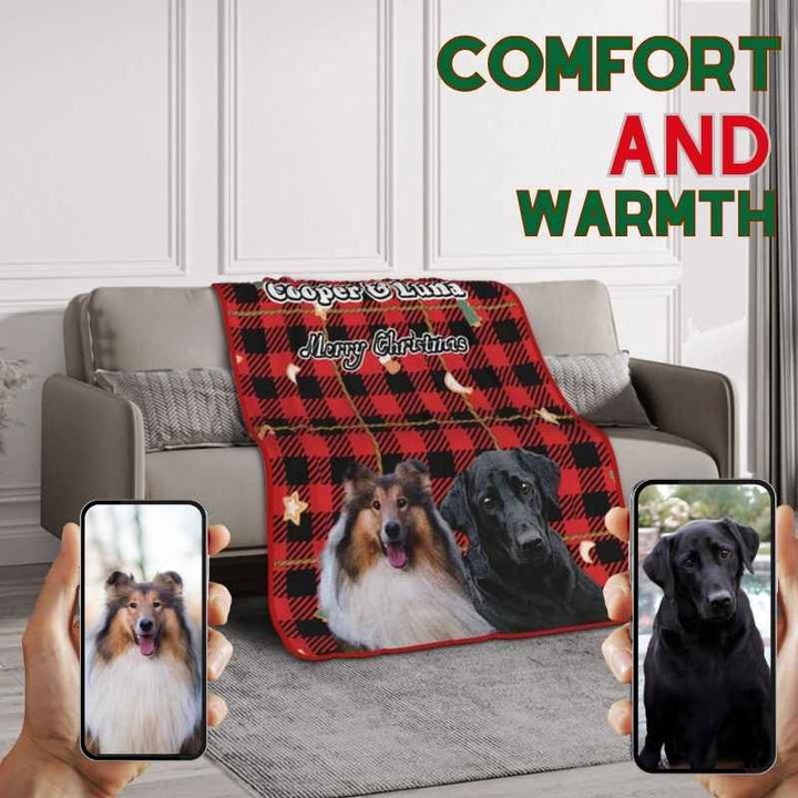 Perfect plaid blanket for dog-themed gifts, featuring festive decor, name, and 'Merry Christmas' text.