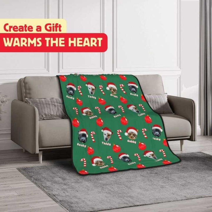 Personalized Christmas blanket with festive pet photos, a perfect gift for creating lasting memories