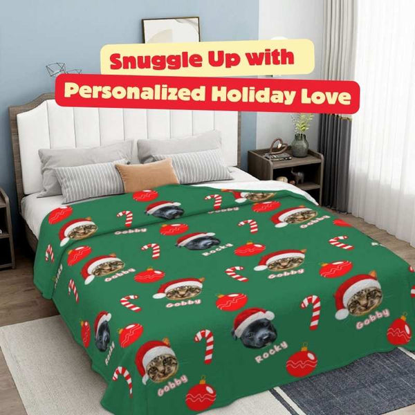 Pet memorial photo blanket with festive holiday design, a cozy way to cherish memories.