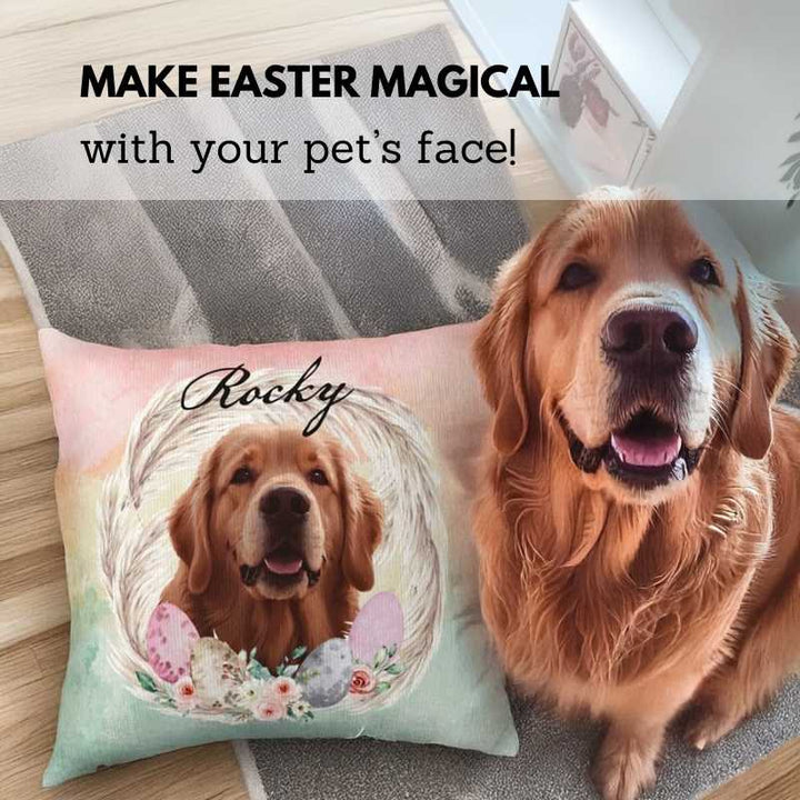 Personalized pet pillow featuring an Easter-themed design with a golden retriever, decorative eggs, and floral details. A perfect Easter gift for loved ones.