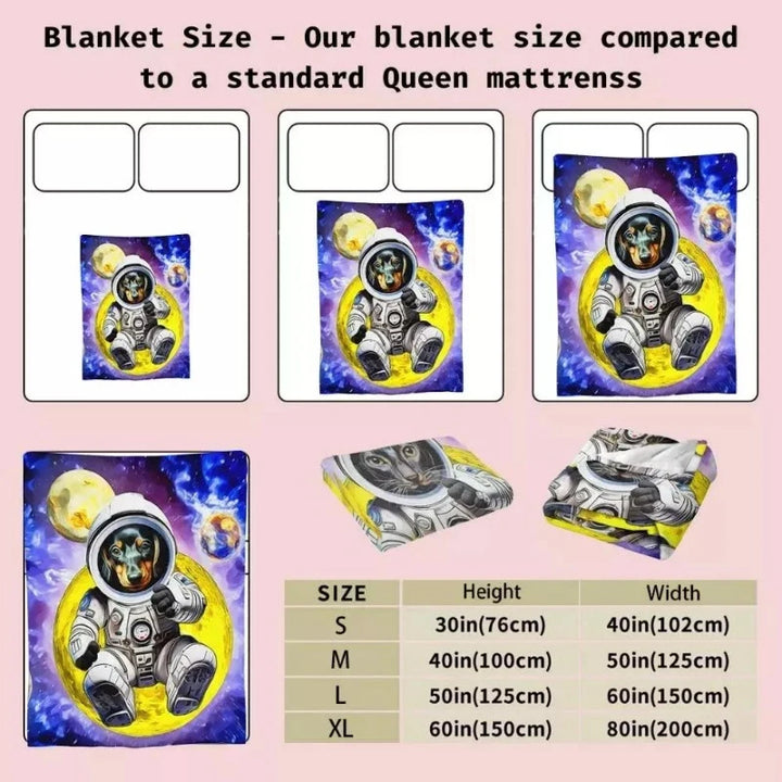 A custom pet blanket size chart featuring a galaxy astronaut design shows dimensions from small to XL.