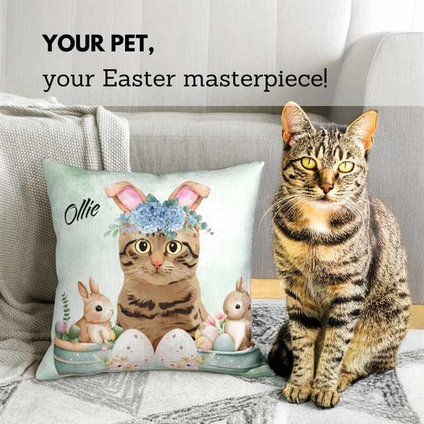 Bunny personalized Easter gifts – a custom pet pillow featuring a tabby cat with bunny ears, pastel Easter eggs, and festive decorations. A cozy and unique gift.