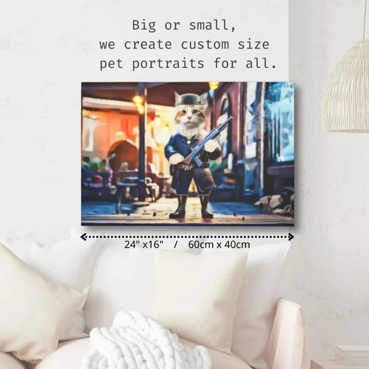 Cowboy Pets canvas size chart on wall