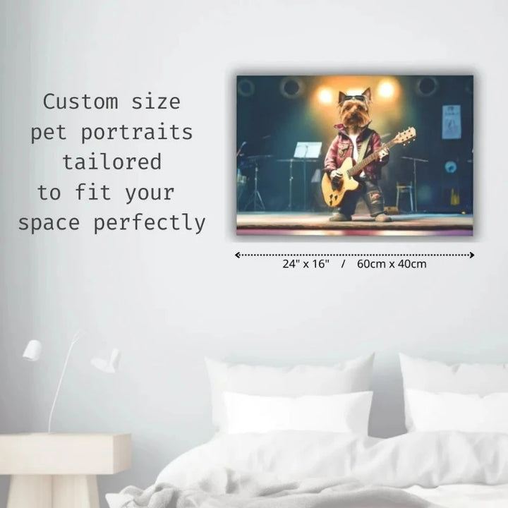 Guitarist Cat and Dog canvas size chart on wall