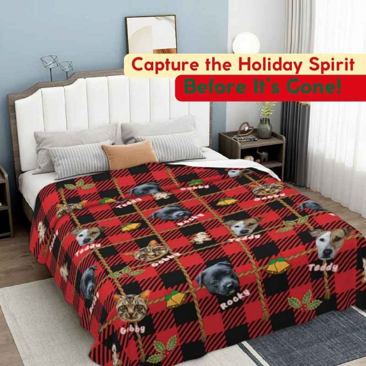 Christmas blanket throw with pet photos and festive designs, displayed on a bed for holiday decor.