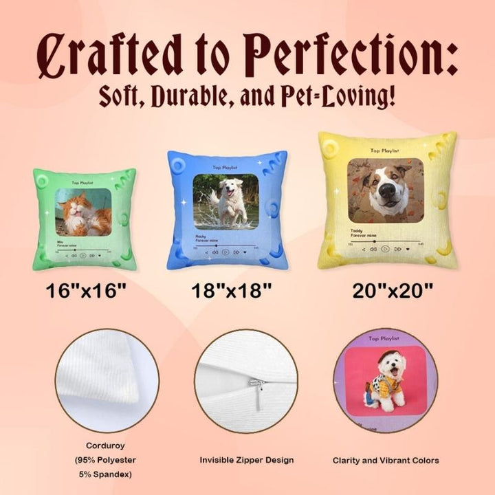 Custom pet photo pillows with corduroy material (95% polyester, 5% spandex), featuring an invisible zipper design and vibrant colors. Available in multiple sizes: 16"x16", 18"x18", and 20"x20"