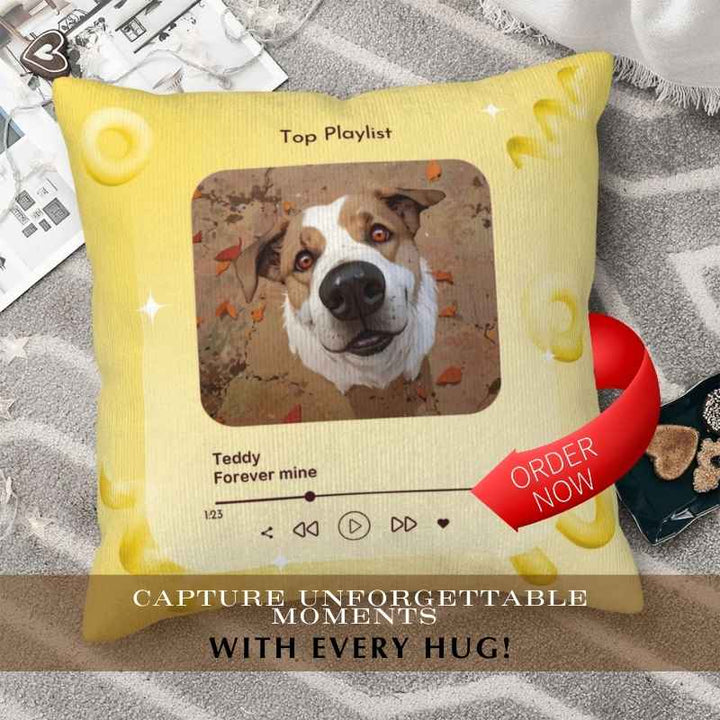 Personalized pet photo pillow featuring a dog named Teddy. Perfect for custom pet picture pillows and home decor.