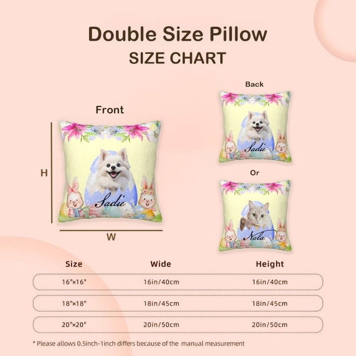 Custom pet photo pillow size chart for Easter gift ideas. Available in 16"x16", 18"x18", and 20"x20". Choose the perfect pet pillow gift for loved ones.