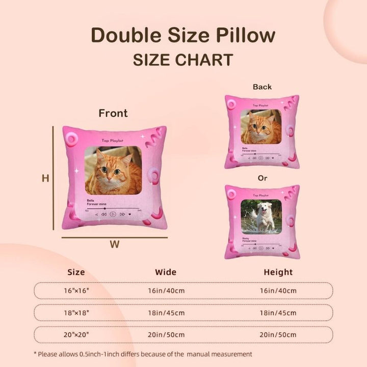 Custom pet photo pillow sizing guide showing available sizes: 16"x16", 18"x18", and 20"x20". Includes pillow width and height for a perfect fit.