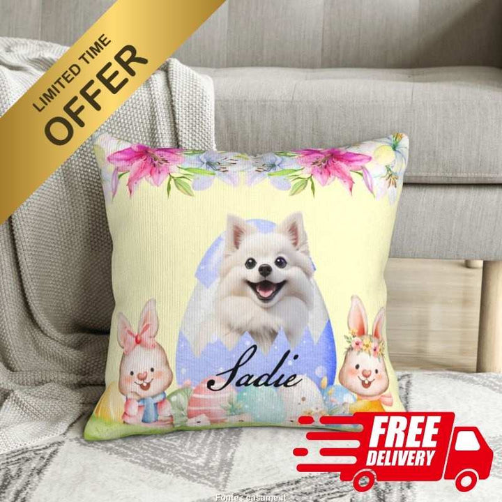 Custom pet face pillow featuring a dog portrait in an Easter egg design with floral accents. Limited-time Easter gift offer with free delivery – best gift for pet lovers.