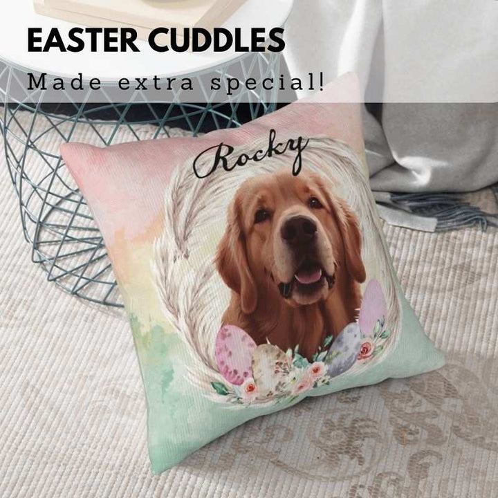 Custom pet pillow from photo featuring an Easter-themed design with a golden retriever, decorative eggs, and floral details. A soft and personalized gift.