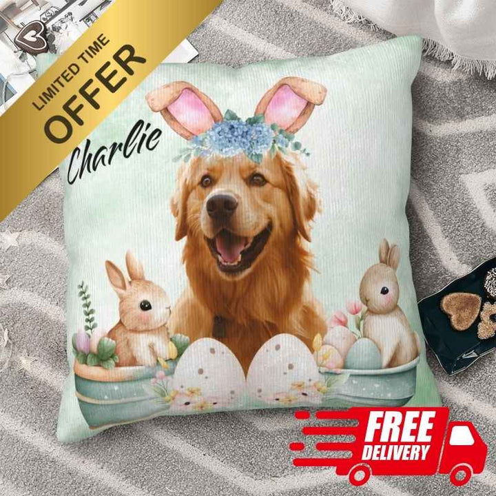 Custom pet pillows featuring an Easter-themed design with a golden retriever wearing bunny ears, decorated eggs, and festive rabbits. A fun and heartwarming gift.