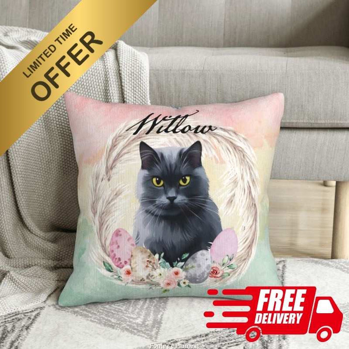 Custom pet pillow featuring an Easter-themed design with a British Shorthair, decorative eggs, and floral details. A cozy and thoughtful gift for pet lovers.