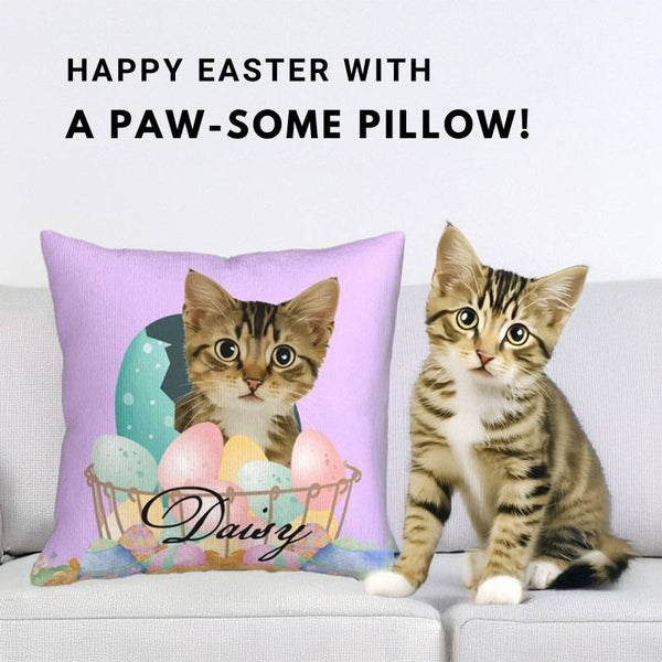 Easter-themed custom pet pillow featuring a kitten with pastel eggs, placed next to a real cat on a sofa. A perfect festive gift for pet lovers.