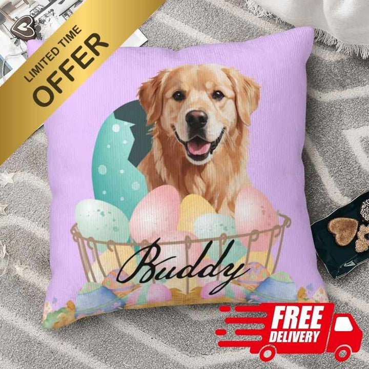 Custom pet pillow with an Easter-themed design featuring a golden retriever, colorful eggs, and a personalized pet name. A cozy and unique holiday gift!