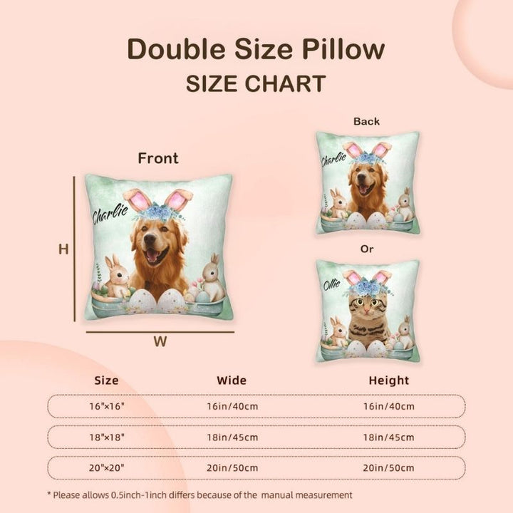 Custom Pet Throw Pillow Size Chart – Easter-themed personalized pet pillows available for 1 or 2 pets. Show the pillow front and back side