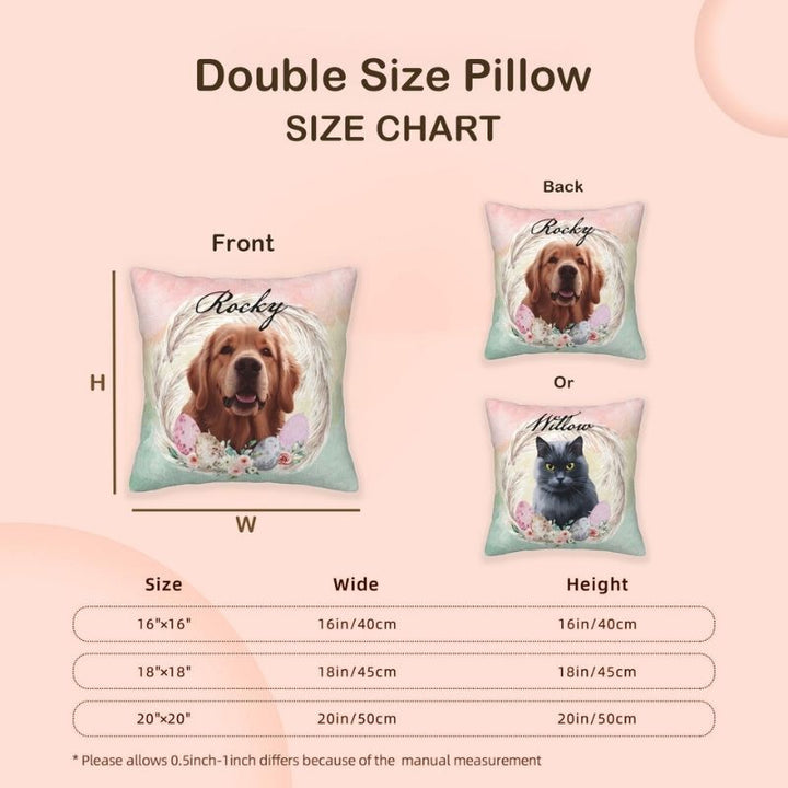 Custom pillows of your pet size chart featuring personalised pet pillow options. Available in one or two pets, with front and back customization.