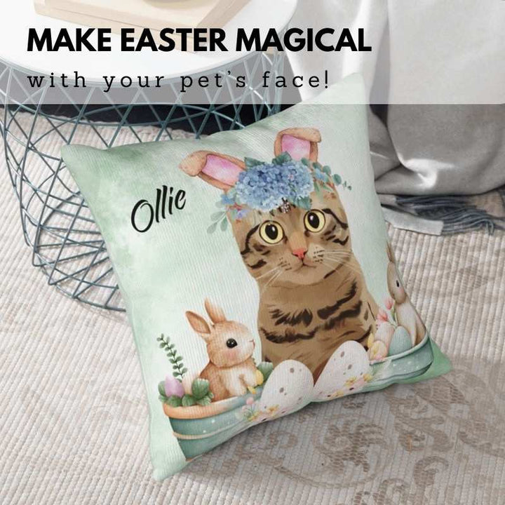 Custom pillows with pet pictures featuring an Easter-themed tabby cat with bunny ears, pastel eggs, and adorable rabbits. A charming personalized gift.