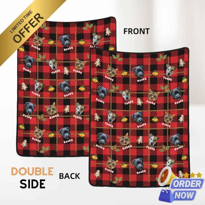 Double-sided custom dog photo blanket with a festive plaid design, perfect for personalized gifts.