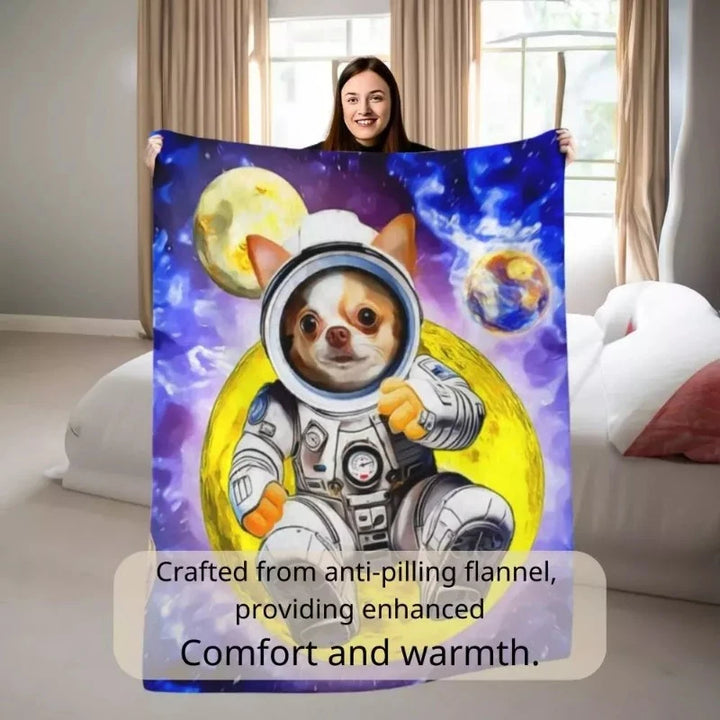 Custom pet blanket featuring a Chihuahua in a galaxy astronaut suit, crafted from anti-pilling flannel for warmth and comfort.