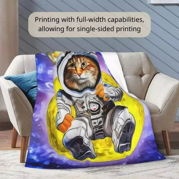 Custom pet blanket with an orange tabby cat in an astronaut suit, featuring vibrant galaxy designs and single-sided printing.