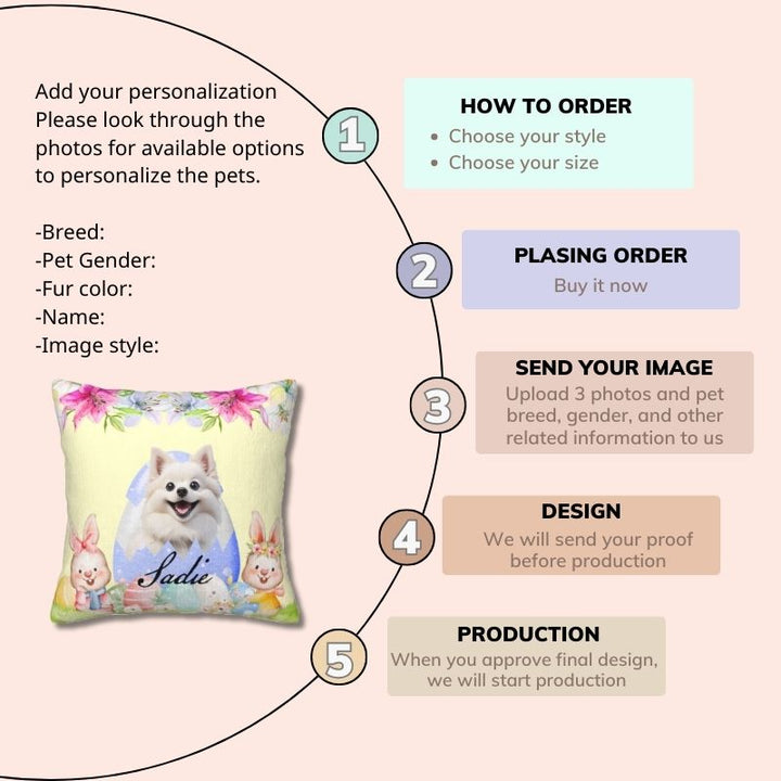 Step-by-step guide on how to order custom pet face pillows featuring Easter-themed designs. Make your pet into a pillow – the best personalized Easter gift idea for pet lovers.