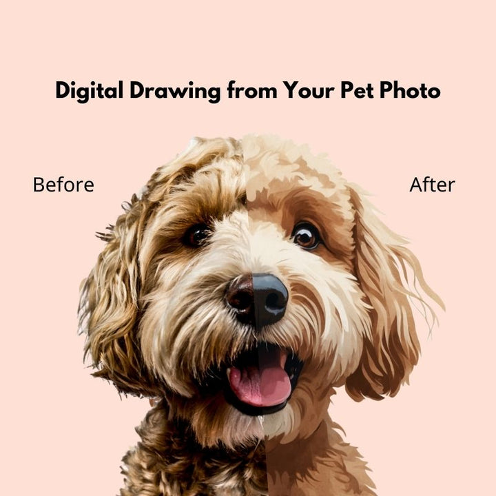 Custom pet photo pillows featuring a digital drawing transformation of a dog's face. A unique Easter gift idea and the best gift for pet lovers.