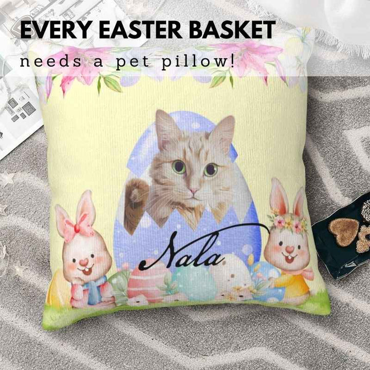 Make your pet into a pillow! This Easter-themed custom pet face pillow showcases a dog's portrait in a festive design, perfect for Easter gift ideas.