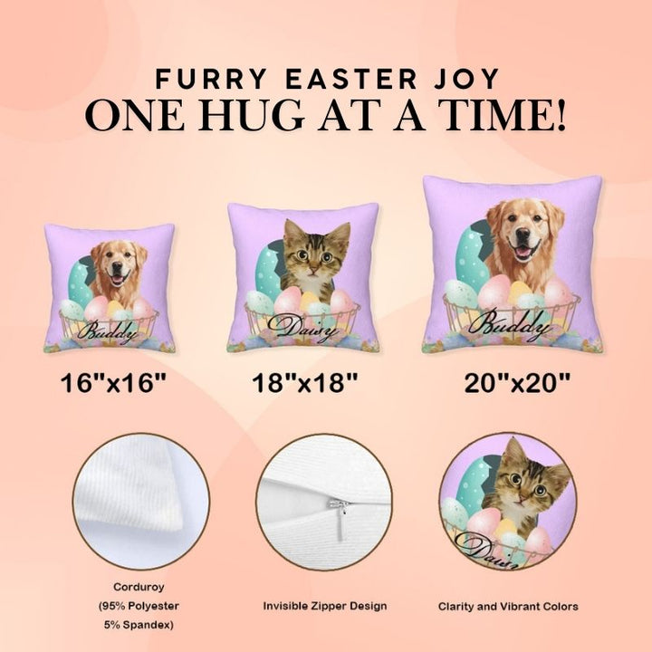 Personalised pet pillow featuring Easter-themed designs with a golden retriever and a tabby cat. Soft, vibrant, and a perfect gift for pet lovers.