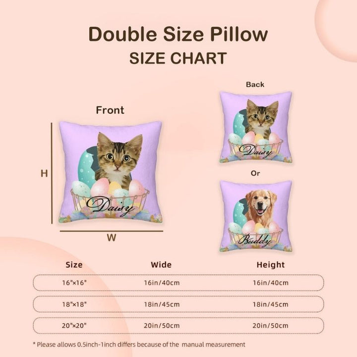 Personalised pet pillow size chart featuring Easter-themed designs with a tabby cat and a golden retriever. Available in 16"x16", 18"x18", and 20"x20" sizes.