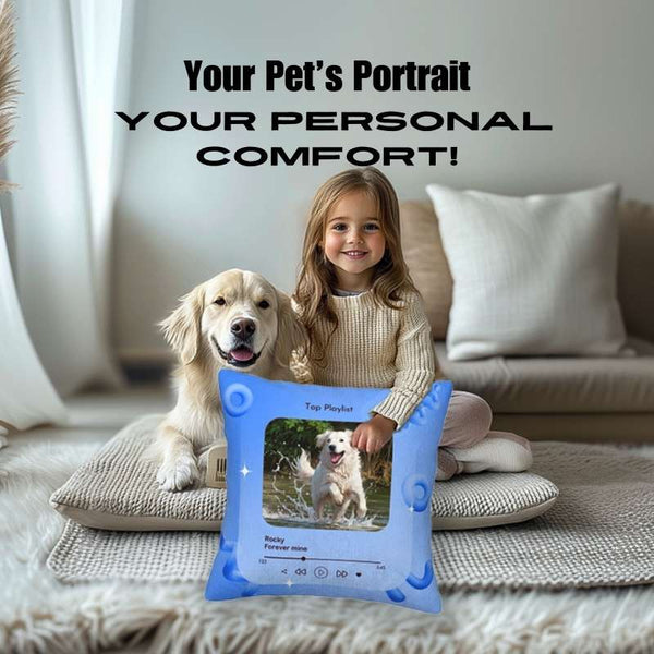 Personalized pet photo pillow featuring a golden retriever dog with a child's photo. Ideal for custom pet picture pillows and perfect for gifting.