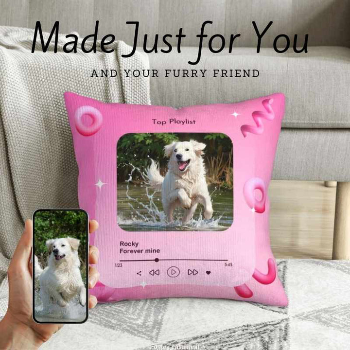 Personalized pet photo pillow featuring a golden retriever dog splashing in water. Ideal for custom pet picture pillows and home decor.