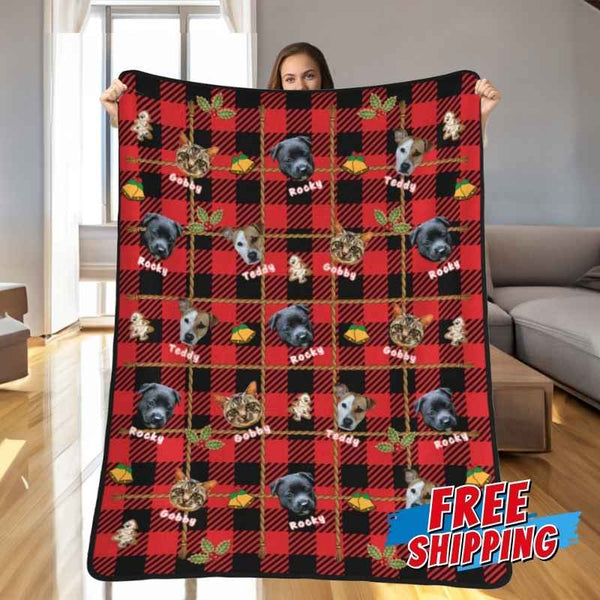 Red plaid pet photo blanket featuring multiple pets and festive decorations, perfect for personalized gifts.