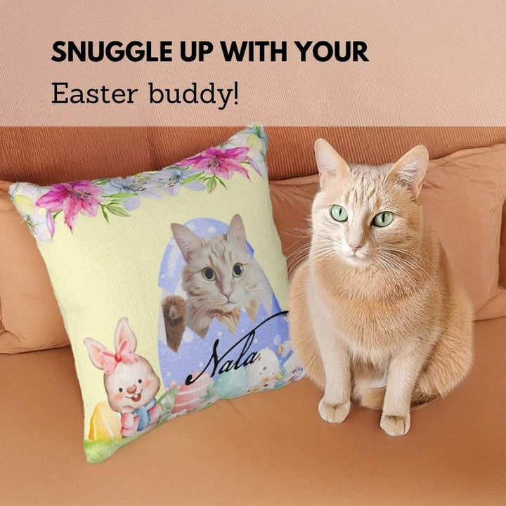 Custom pet face pillow featuring a cat portrait in an Easter egg design with floral accents. A personalized Easter gift idea for pet lovers.